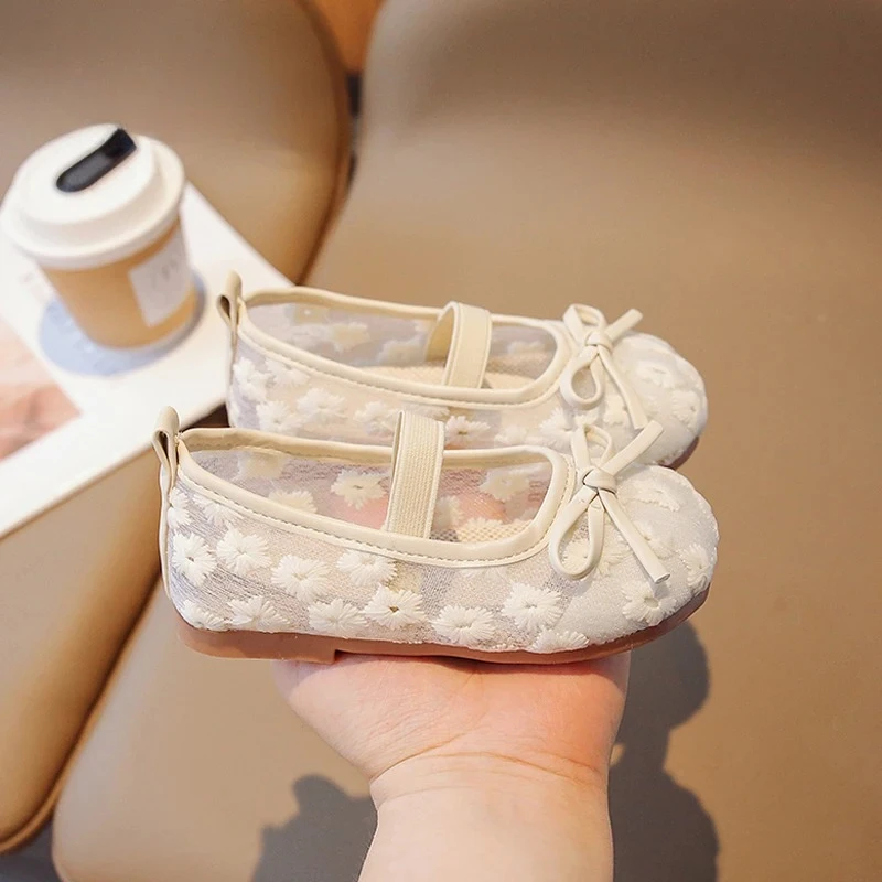 Floral Embroidery Lace Ballet Flats Baby Girls 2025 Summer New Breathable Mesh Ballerinas Kids Cute Wedding Party Dress Shoes