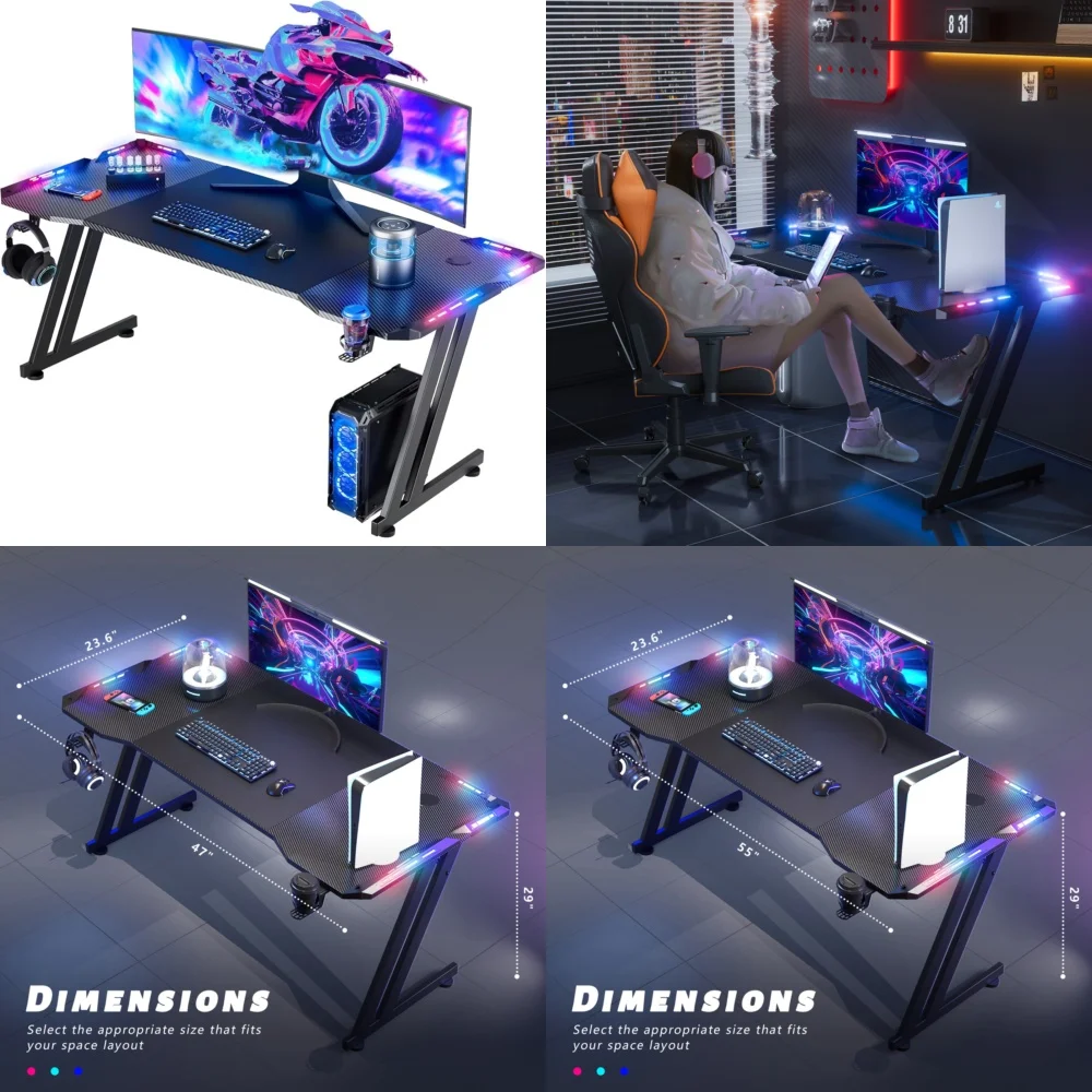 

Computer desksErgonomic Gaming Desk with LED RGB Lighting Carbon Fiber Surface Computer Desk for Home Office Gamer Workstation
