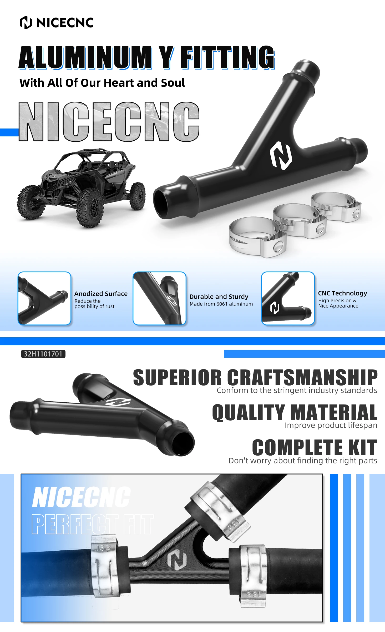 NICECNC Y-Verbindungsstück mit Schlauchklemmen für Can-Am Maverick X3 Outlander Commander Defender Aluminium UTV Zubehör – Detail 1