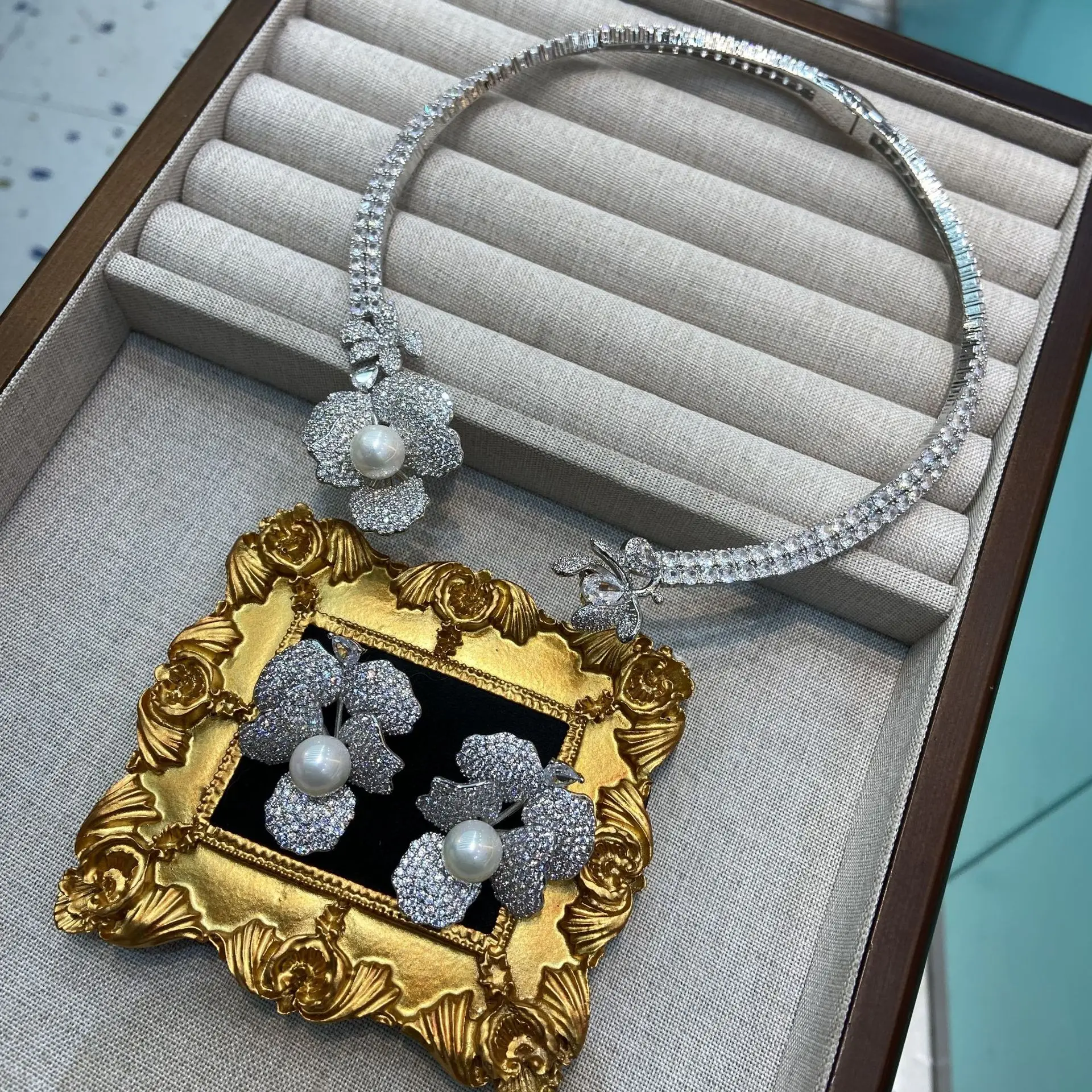 Women Pearl Colored Flower Zircon Open Necklace Stud Earrings Set 2025