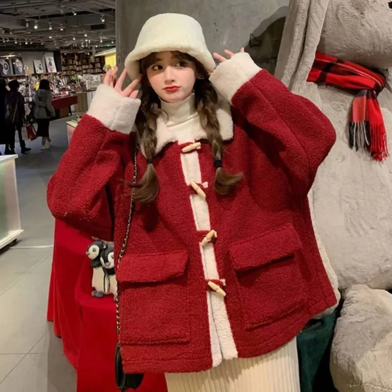 HOUZHOU Vintage Red Fleece Jacket Women Oversized Lamb Wool Coat Korean Fashion Cute Short Jackets Chic and Elegant Aesthetic