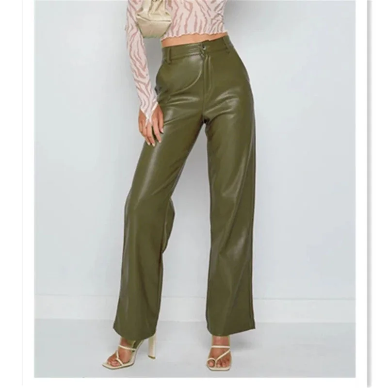 High Waist PU Leather Trousers for Women Faionable Casual Pants Long Length Other Material 00%
