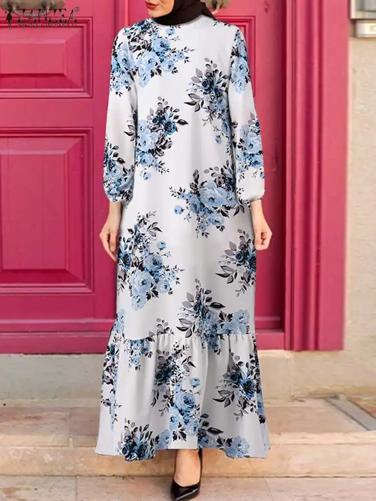 

Summer Elegant Muslim Dress Abaya ZANZEA Women Casual Long Sleeve Robe Holiday Long Vestidos Bohemain Floral Printed Sundress