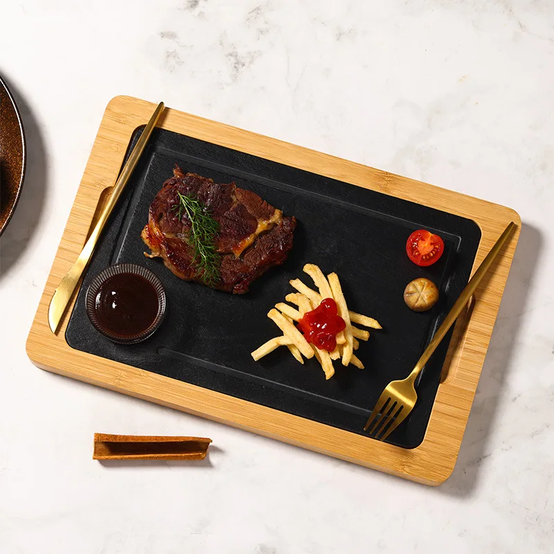 

Hotel Retro Black Slate Bamboo Steak Plate Restaurant Cuisine Western Food Plate Platter Hot Dish Insulated Slate