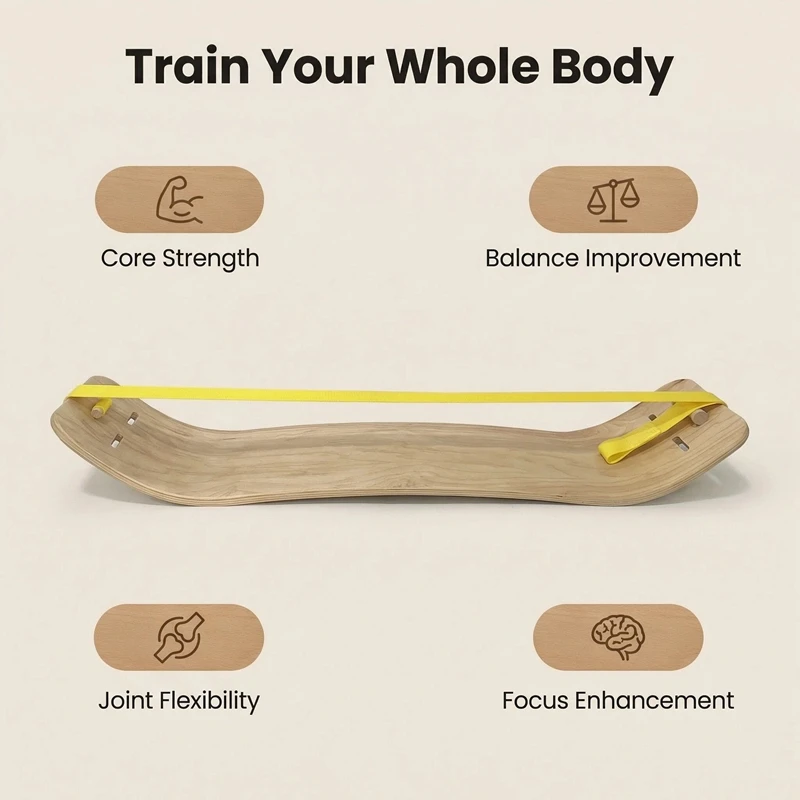 Double Curved Pilates Balance Board Wooden Yoga Board Skiing Training Trainer for Core Workouts Standing Desk Exercise Home Gym