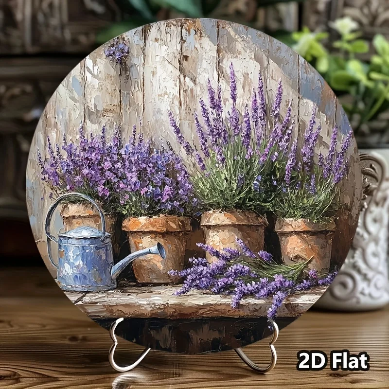 2D flach, 2D flach 1 Stück, Blechschild Lavendel Retro Aluminium kreisförmiges Metallschild Wanddekoration Kranzschilder Innen-/Außendekoration Garage