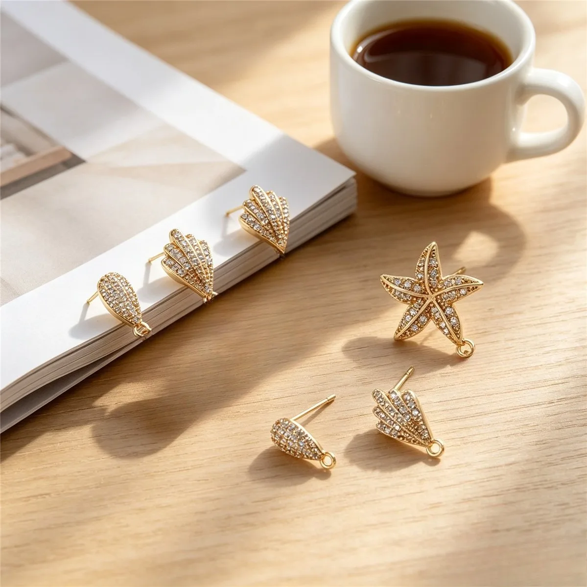 Brass Gold Plated Teardrop Feather Starfish Zircon Stud With Hanging Loop DIY Handmade Dangle Earring Jewelry Findings
