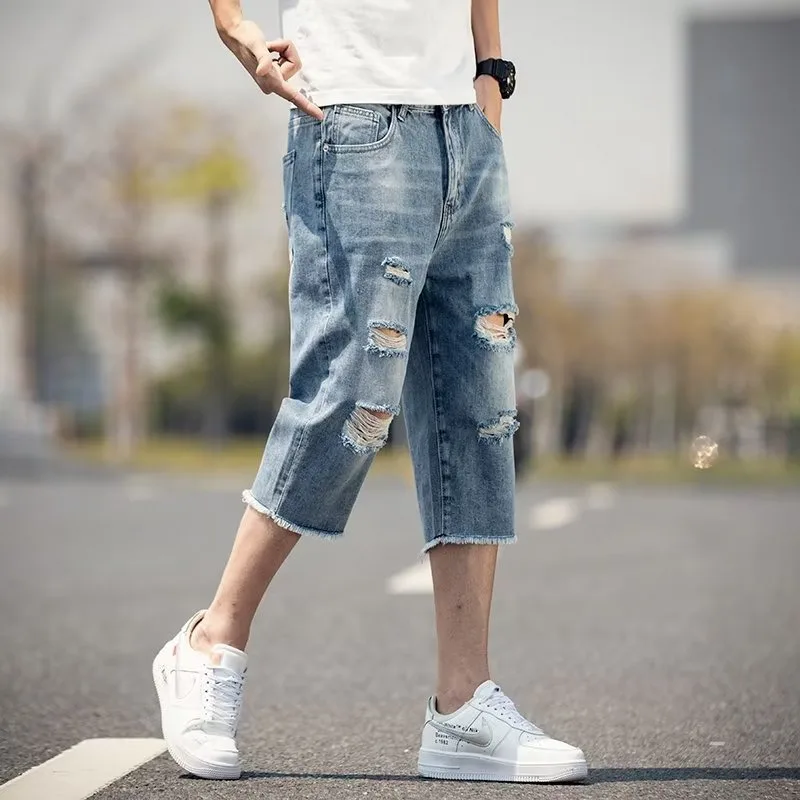 

Loose Casual Men's Jeans High Street Style American High Waist Straight Leg Seven-Foot Length Summer Fashion Youth Trend