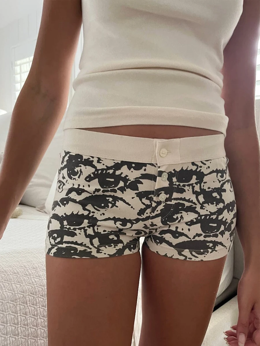 Loungeshorts voor dames, lage taille, knoopsluiting, bedrukte pyjamashorts, nachtkleding
