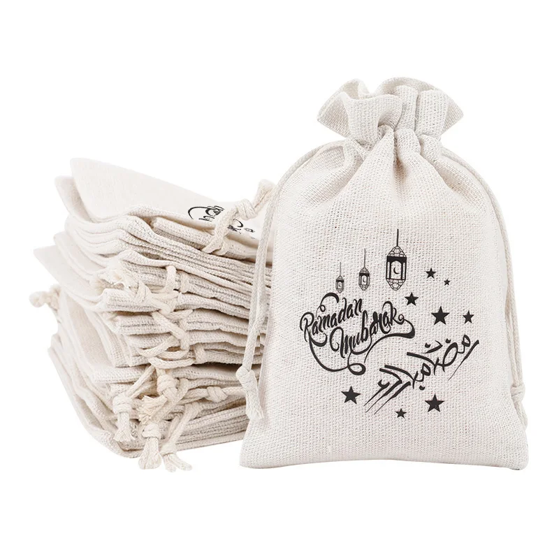 10Pcs Ramadan Kareem Linen Gift Bag 2026 Islamic Muslim Party Home Decoration Supplies Eid Mubarak Candy Snack Packaging Pouches