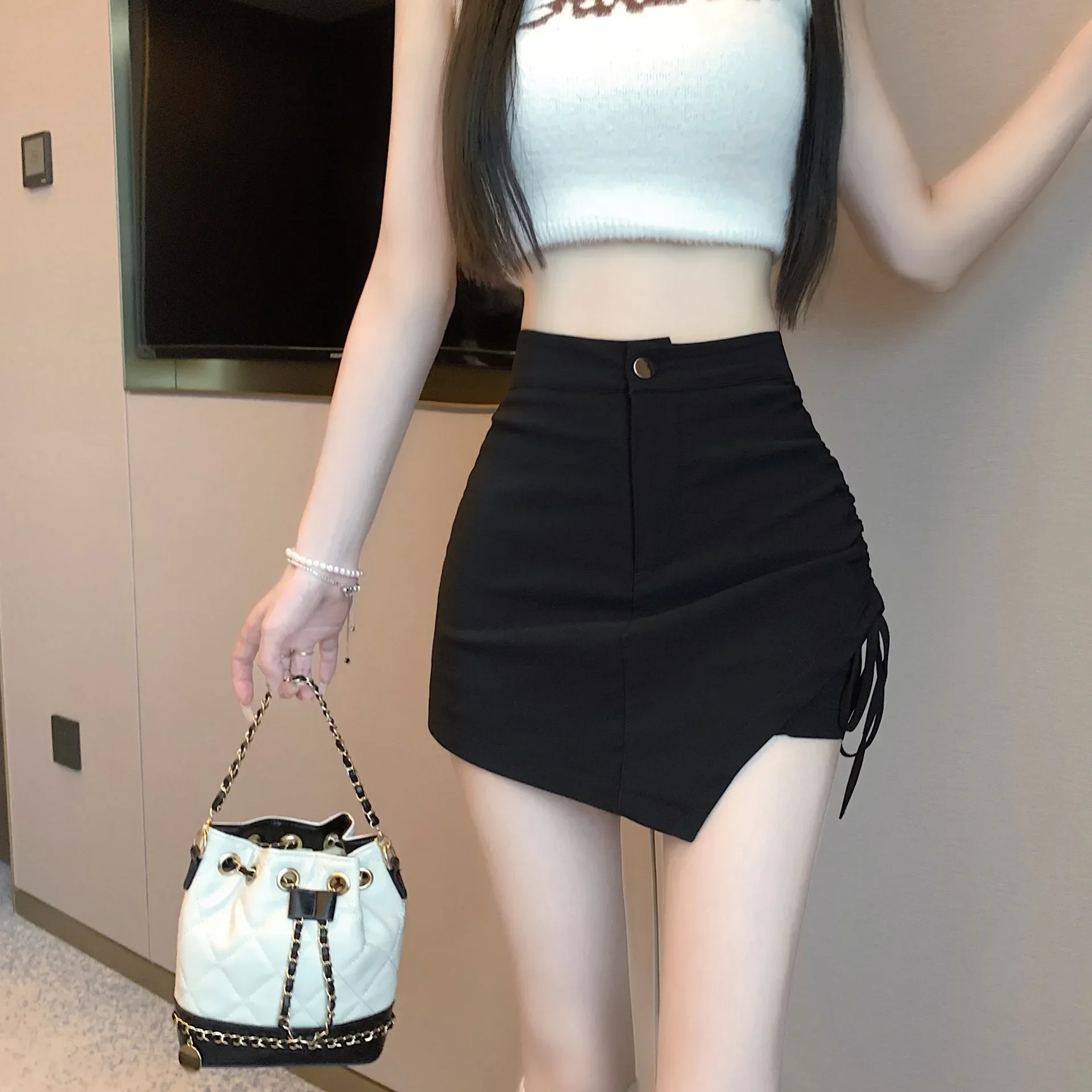 Mini robe trapèze noire irrégulière, taille haute, amincissante, nouveau Style, jupe pantalon, Sexy, épicée, pour filles, été 2024