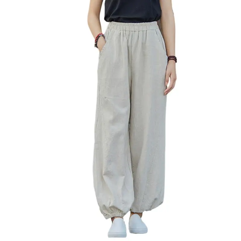 

2024 Spring fashion Cotton Linen Bloomers Wide Leg Pants Autunm Women Vintage Full Length harem Trousers pantalones de mujer