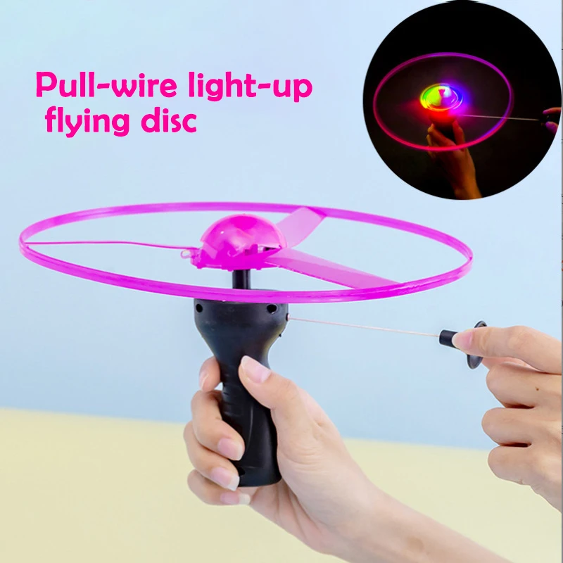 Children Outdoor Fun Rotating Flying Toy Kid Sports Pull Line Saucer Toys LED Light Processing Flash Flying Toy For Parks Beach