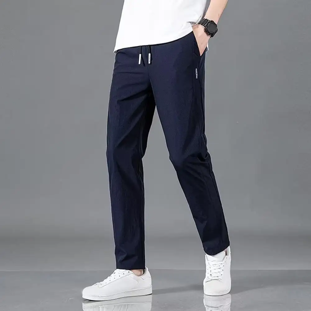 Lightweight Summer Pants Slim Fit Quick Dry Men's Gym Training Jogging Sweatpants with Elastic Waist Side Pockets Solid Color