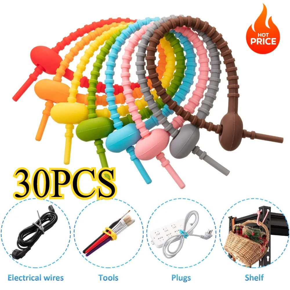 30/20/10 Silicone Reusable Cable Wire Organizer Winder Storage Holder Bag Ties Cord Bag Clip Food Saver Earphone Line Tidy Clips