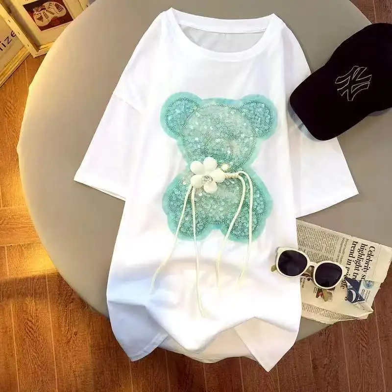 2025 Sequin Pink Bear T-shirt Heavy Handmade Shiny Bowknot Bow T Shirt Summer Tees Top Accessories Clothes
