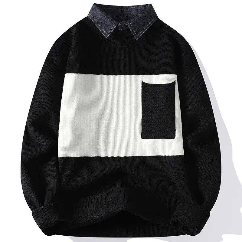 

Men's Thiened Winter Knitted Sweater Fake Two-Piece Loose irt Collar Base Layer Outerwear Casual Busin Casual Sle