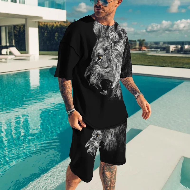 New Men\'s Oversized Clothes Vintage Tshirt and Shorts Set Men Tracksuit 2 Piece Set Summer Lion Printed Men Sets Short Outfits