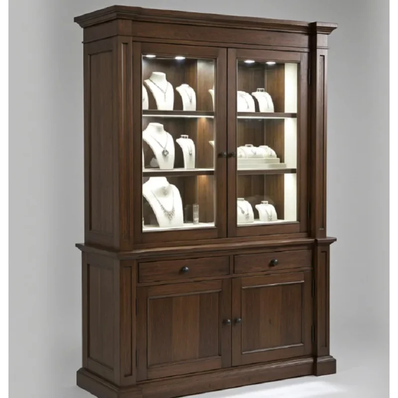 custom.Traditional Solid Wood Jewelry Display Cabinet | Dark Walnut | LED Glass Showcase with Storage Retail Stores &