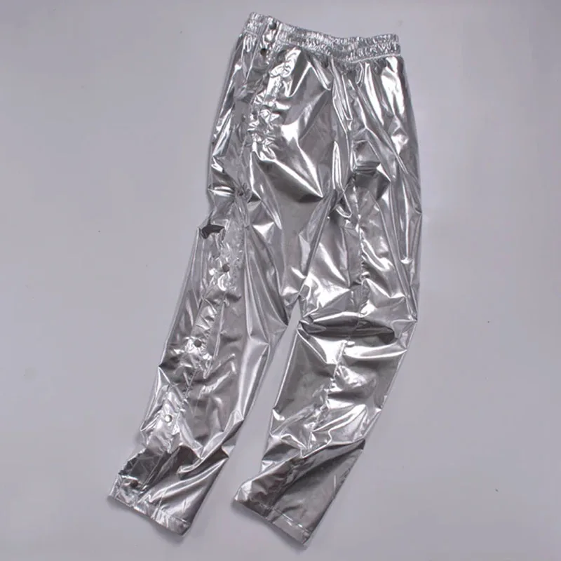 Men Shiny Silver Metallic Jogger Pants Jazz Hip Hop Dance Trousers 8Xl Plus Size Alongside Button Stage Show Costumes