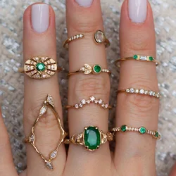 Fashion Green Crystal Knuckle Finger Rings Set For Women Geometric Female Wedding Ring Trendy Jewelry