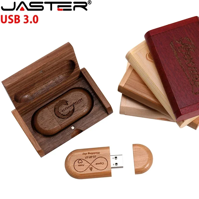 JASTER-memoria USB 3,0 de madera + caja, Pendrive de 4GB, 16GB, 32GB y 64GB, con logotipo personalizado gratis, lote de 5 unidades