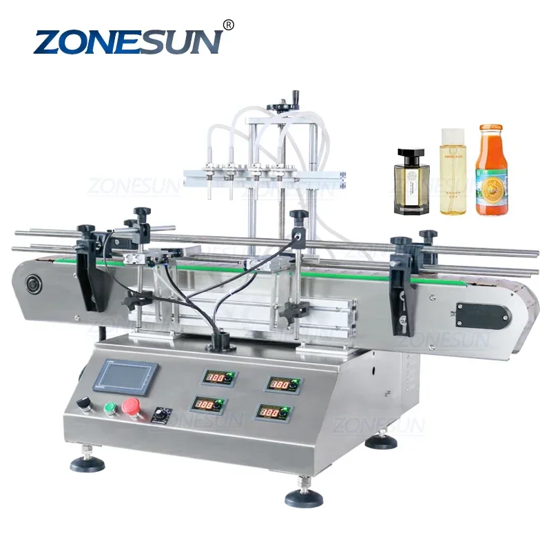 ZONESUN 4 Heads Automatic Desktop Wine Perfume Essential Oil Liquid Juice Glass Round Bottle Filling Machine Water Filler