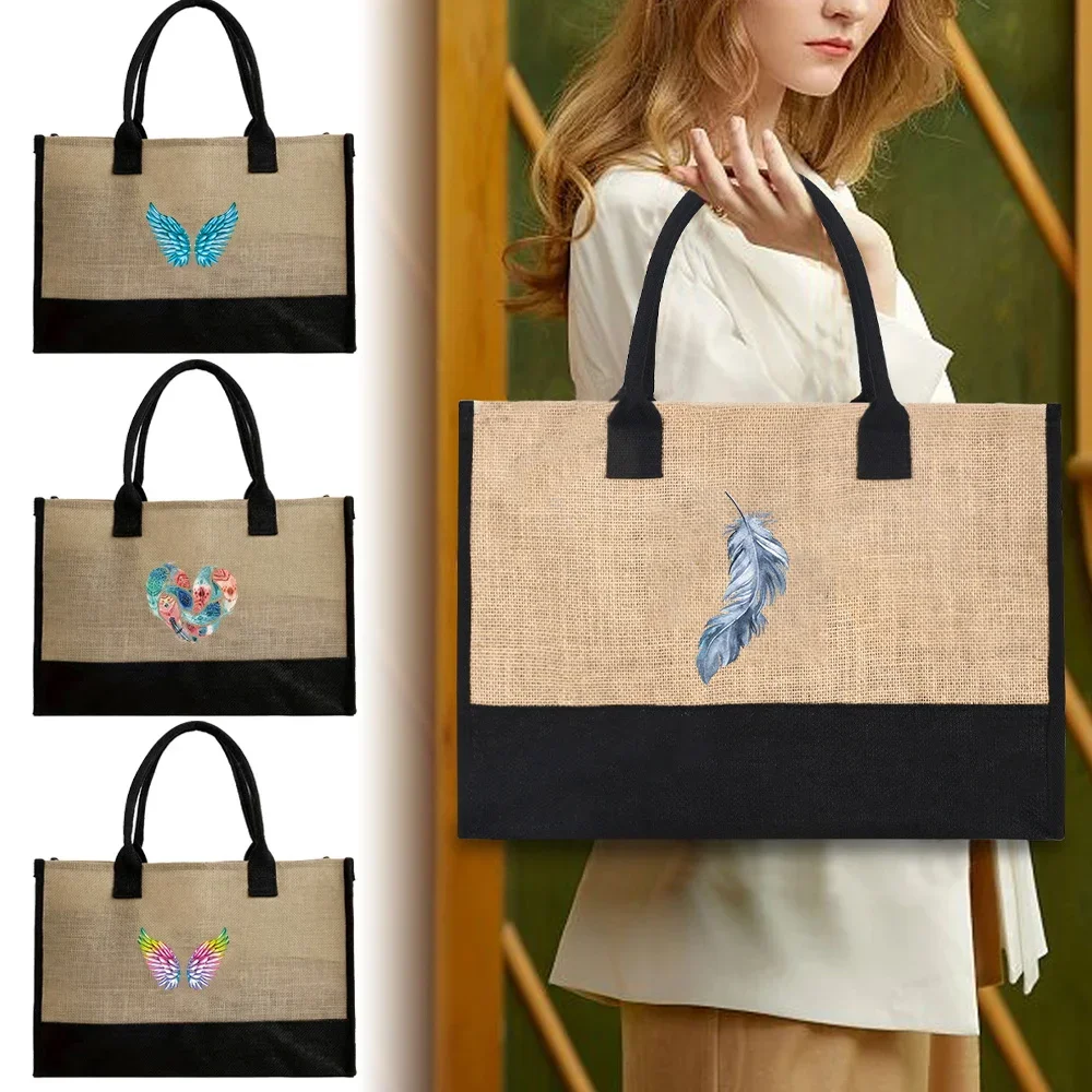 

Tote Bag Reusable Jute Shopping Bag Portable Beach Shoulder Bags Casual Large Capacity Handbag Printing Feather Series
