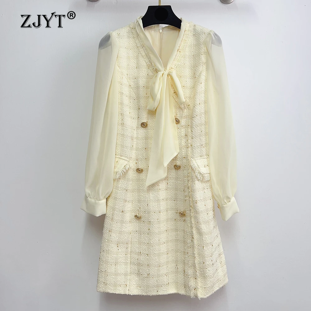 

ZJYT Spring New Elegant Long Sleeve Dress Woman 2026 Fashion Bow Collar Tweed Patchwork Casual Day Dresses Female Vestidos Beige