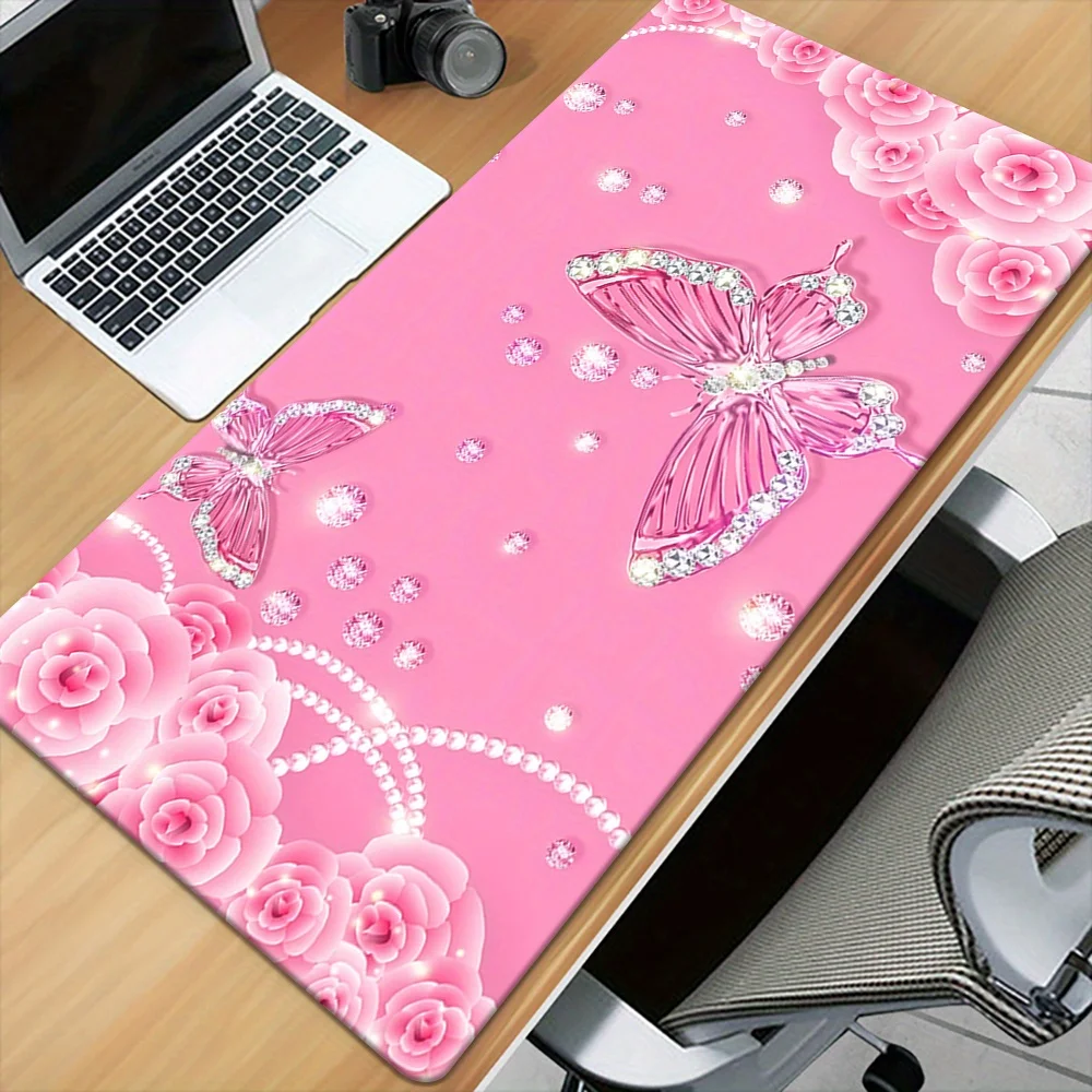 1pc Pink Rose Romantic Diamond Butterfly Gaming Mouse Pad, HD Printed Pad for Desk, Multi Functional XXL Mousepad, Keyboard Gami