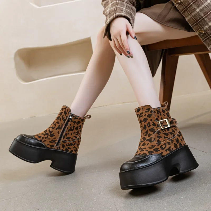 11CM gamuza vaca cuero genuino primavera otoño motocicleta británica moda leopardo cremallera botines plataforma cuña zapatos planos de mujer