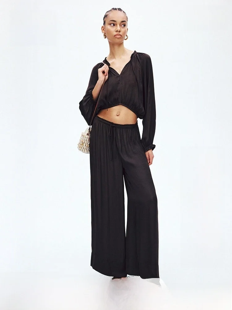 

Новые летние женские брюки H&M с широкими штанинами на шнурке, повседневный стиль, естественная талия, полиэстер, модные, 1329277