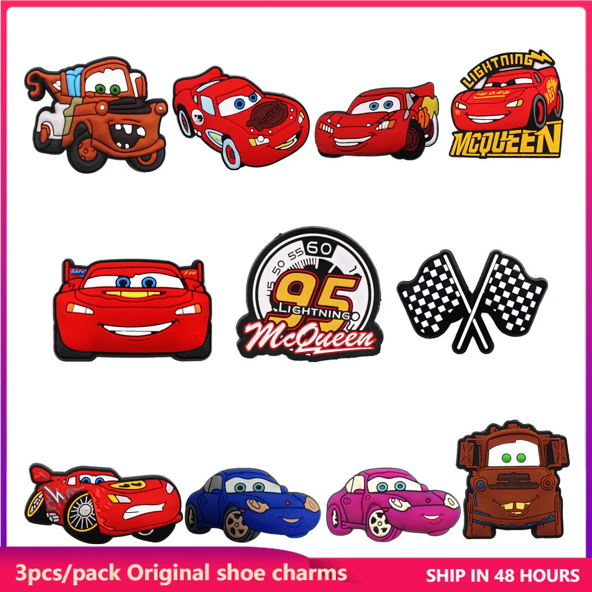 3 Pack Cartoon Movie Cars PVC Shoe Charms Larry Designer Sandal Upper Decorations Accessories Lightning McQueen Clog Pin Buckle