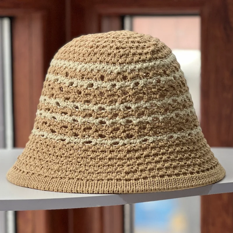 New hollow contrasting striped bucket woven  summer knitted breathable basin  Korean version bucket hat tide