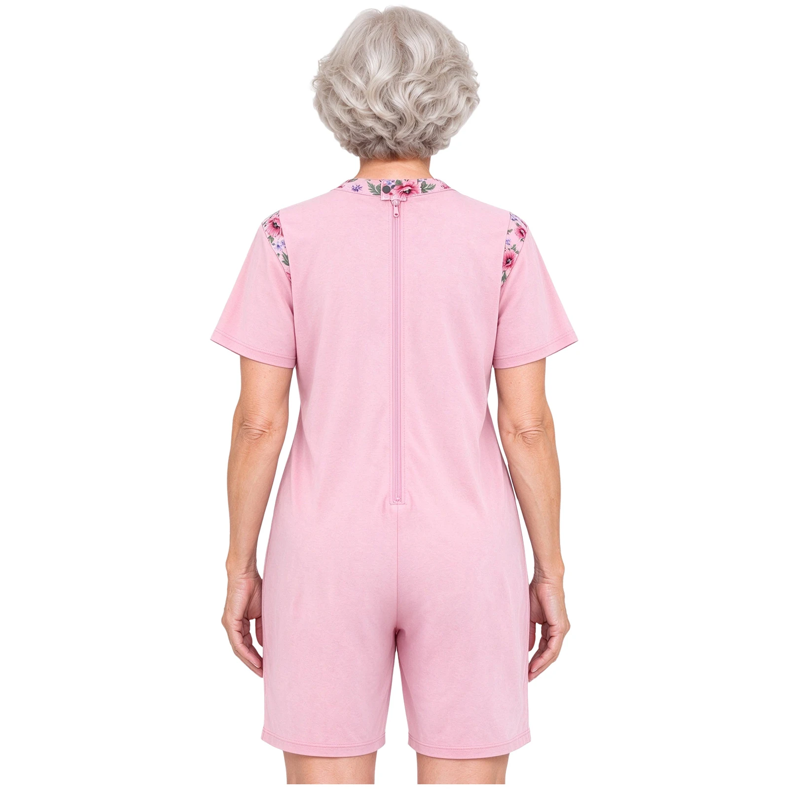 Women Adaptive Anti-strip Zipper Back Jumpsuit for Alzheimer Special Needs Elderly Nursing Home Short Sleeve Crotch Rompers