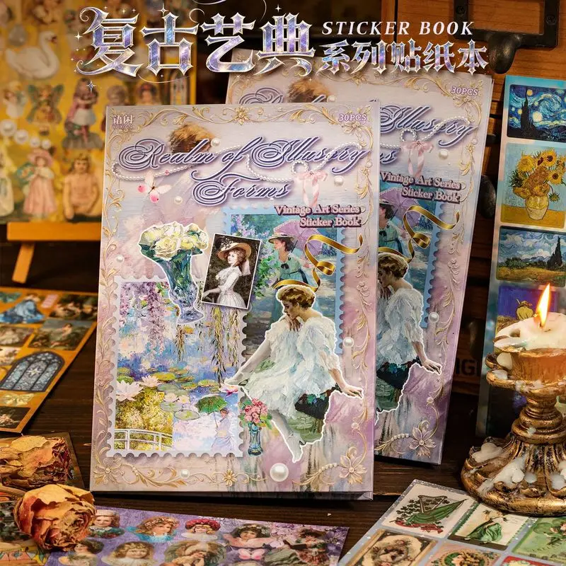 30Pcs Retro Art Classic Coated Paper Sticker Book, Antique Portrait & Painting Stickers for Journal Planner Decoration