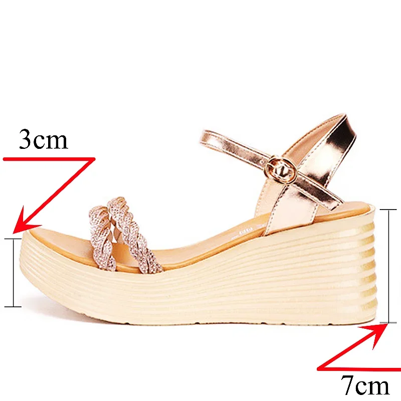 Small Size 33-43 Elegant Crystal Gold Wedding Shoes Woman High Heels 2024 Summer Platform Wedges Sandals for Office Mom Party