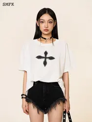 Smfk-女性用半袖Tシャツ,コンパス,花柄のグラフィックプリント,ヴィンテージ,ラージ,コットン,ショートトップ