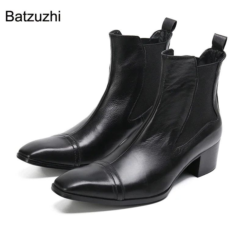 

Batzuzhi 6cm High Heel Men's Boots Soft Black Genuine Leather Ankle Boots Men Slip On Knight, Party, Business Botas Hombre!38-47