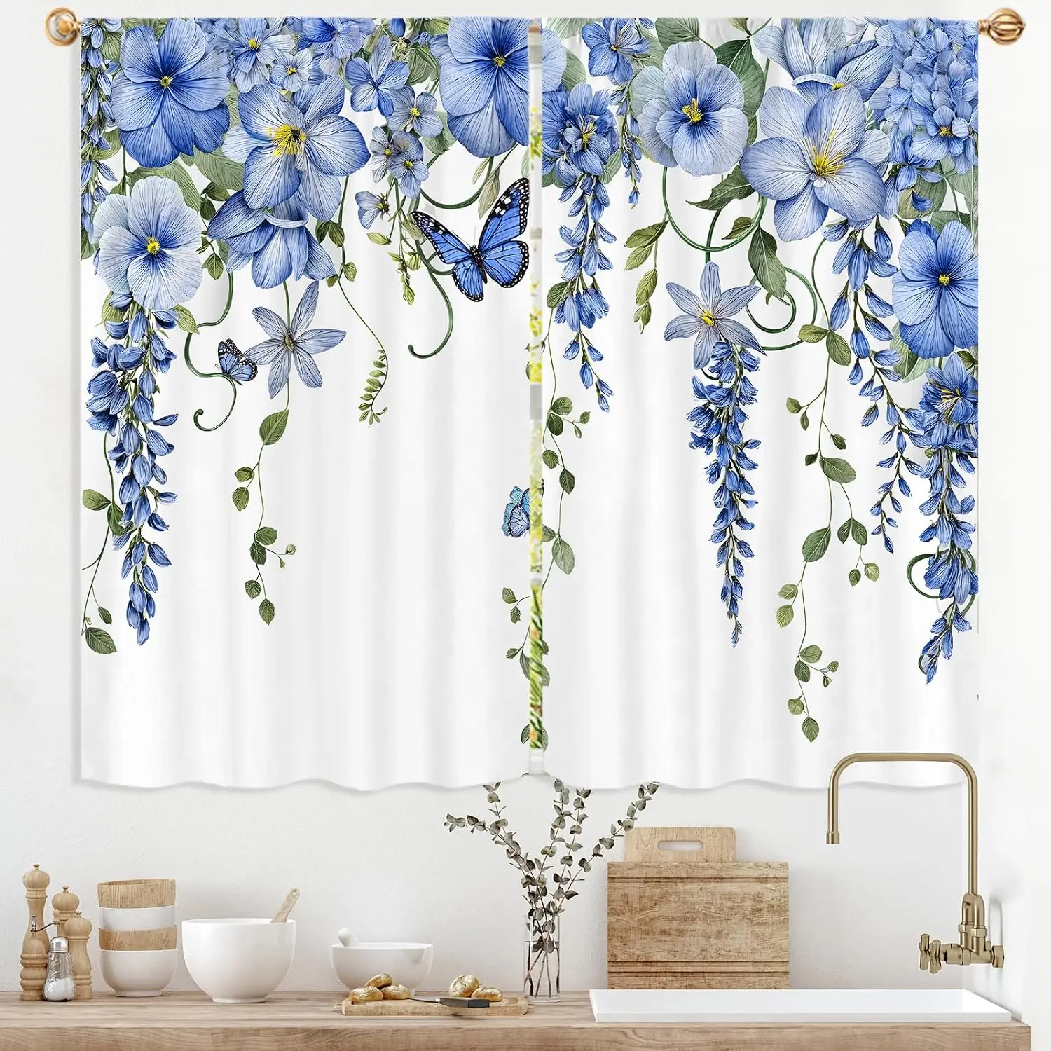 Blue Watercolor Floral Botanical Curtains Drapes 2pcs Waterproof Privacy Curtain for Bedroom Home Decor