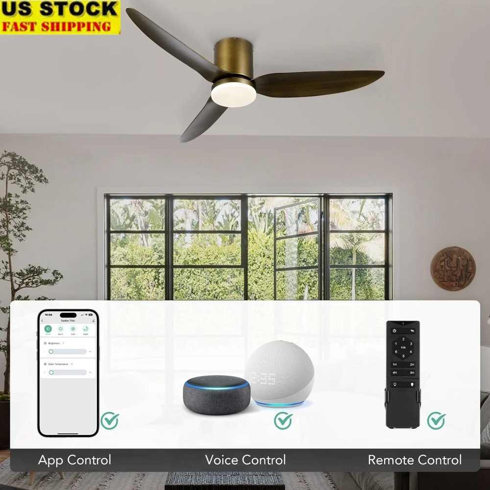 

Умный потолочный вентилятор с подсветкой 52-дюймовый светодиодный светильник с регулируемой яркостью и дистанционным управлением Шепот Тихий реверсивный двигатель Регулируемая цветовая температура