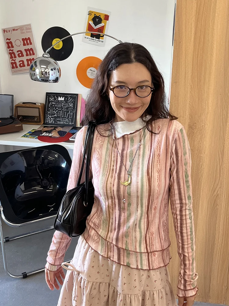 

Wonghome Retro High Ne Patchwork Knitted Long Sve irt Western Hippie Sle Fake Two-Piece Breathable Cotton Blend