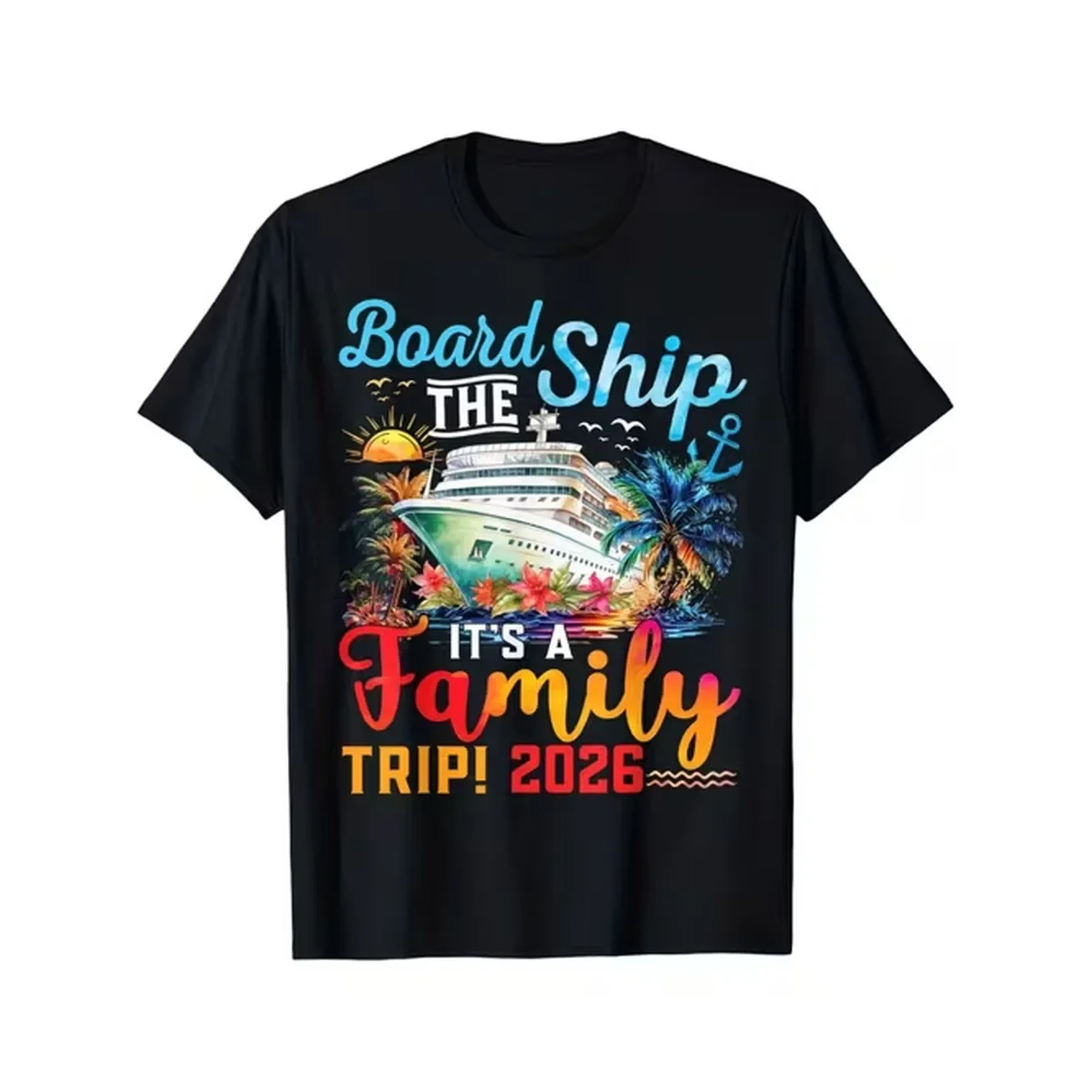 Board Its A 2026 Group Matching Cruise T Shirt Casual Crew Neck Regular Season Short Sleeve Geometric Pattern