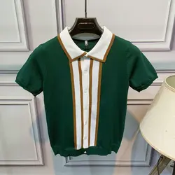 Men's Short Sleeve POLO Shirt Summer Ice Silk Lapel T-shirt Korean Slim Fashion Knitted Shirt Half Sleeve Jacket
