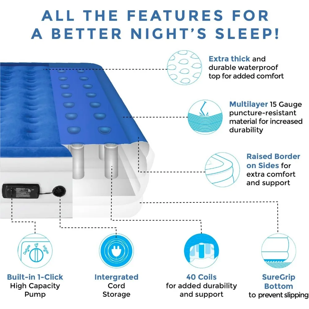 Colchón de aire de lujo SoundAsleep Dream Series con tecnología ComfortCoil y bomba integrada de alta capacidad para el hogar y el camping - Doble