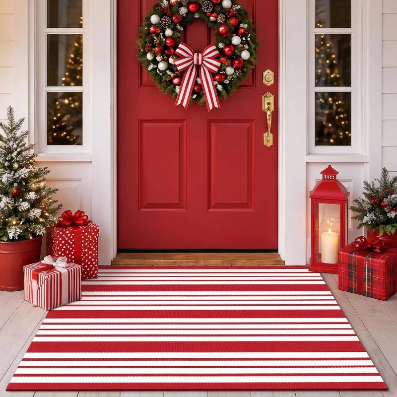 Entrance Carpet Stain-resistant Wear-resistant Durable Floor Mat Christmas Red and White Vertical Stripe Rug Home Decor Rugs 양탄자