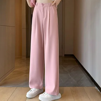여성용 편안한 헐렁한 와이드 레그 스트레이트 레그 팬츠, 여성용 캐주얼 하이 웨이스트 슬랙스, 심플한 오피스 데일리 팬츠, 여름