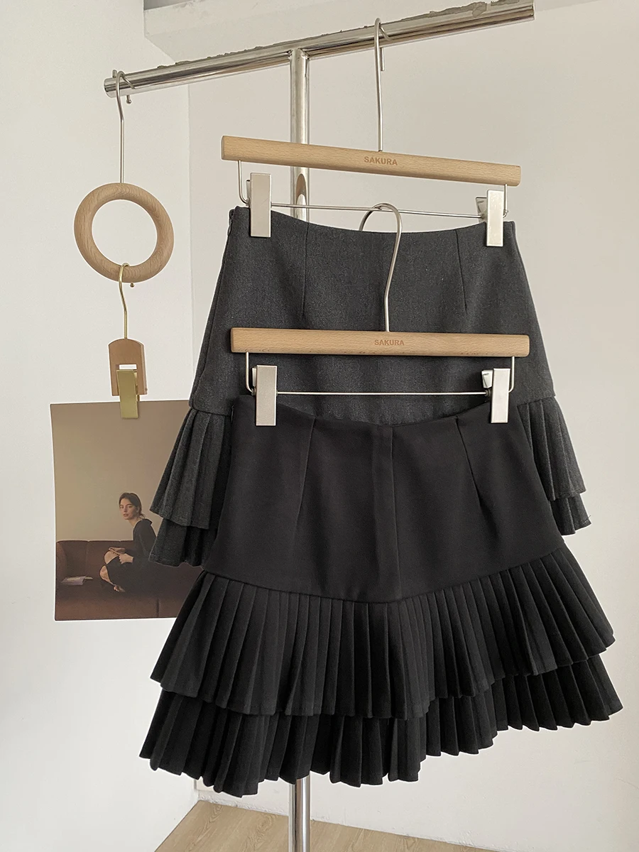 

Women's Spring Autumn Streetwear Two Layered Pleated A Line Mini Skirt Lady Streetwear Solid Color High Waist Short Skirt