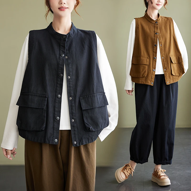 

Повседневная куртка с воротником в стиле ретро, женский жилет, топ из хлопка, художественное пальто, осеннее пальто Faion Commute ket, деталь C...