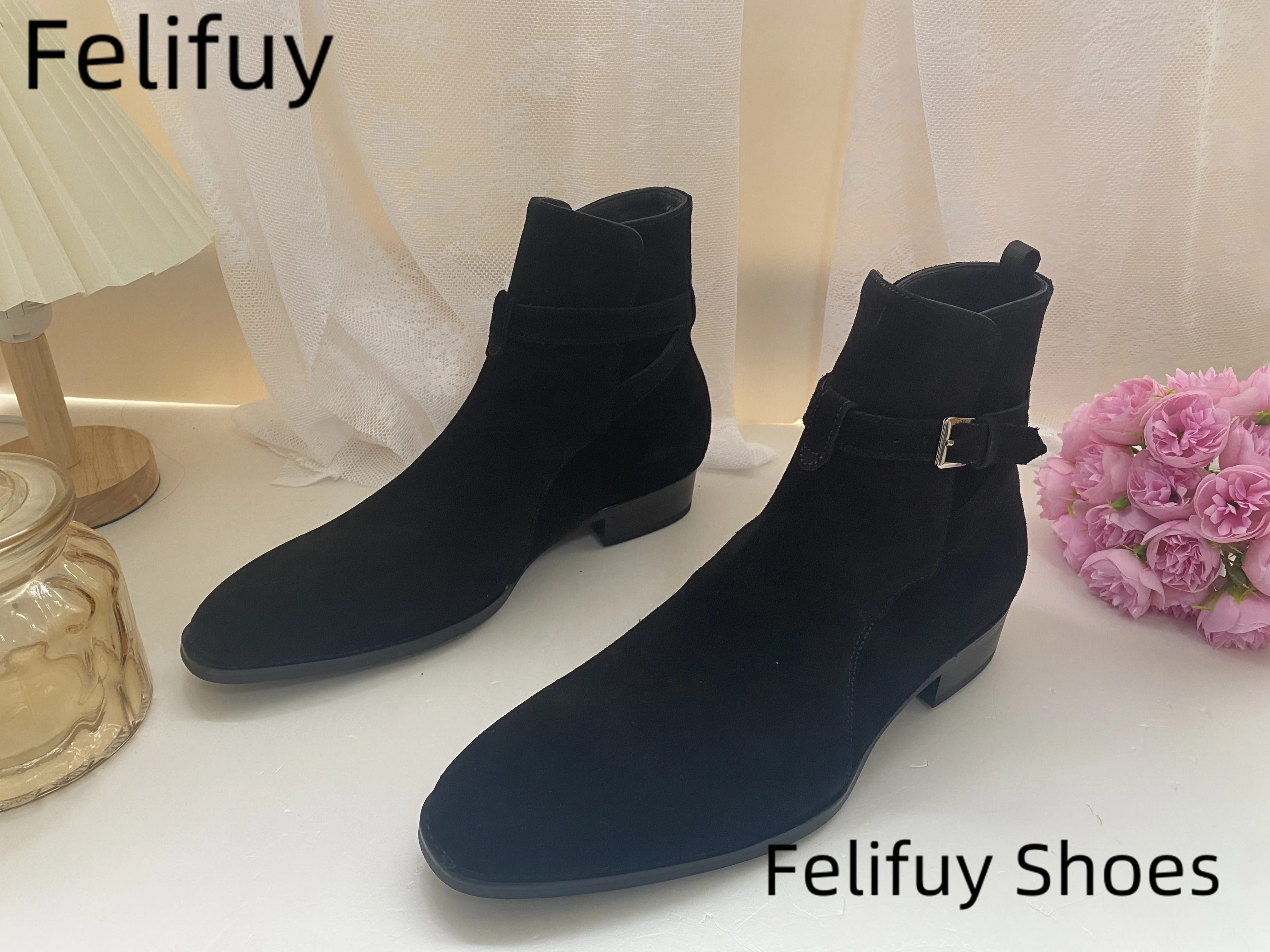 New Grey Men's Autumn Pointed Buckle Belt Comfortable Short Boots Fashionable Men's Comfortable Cow Suede Boots High Top Boots